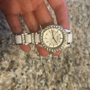 Fossil Watch with pearl white and silver color and crystal stones throughout